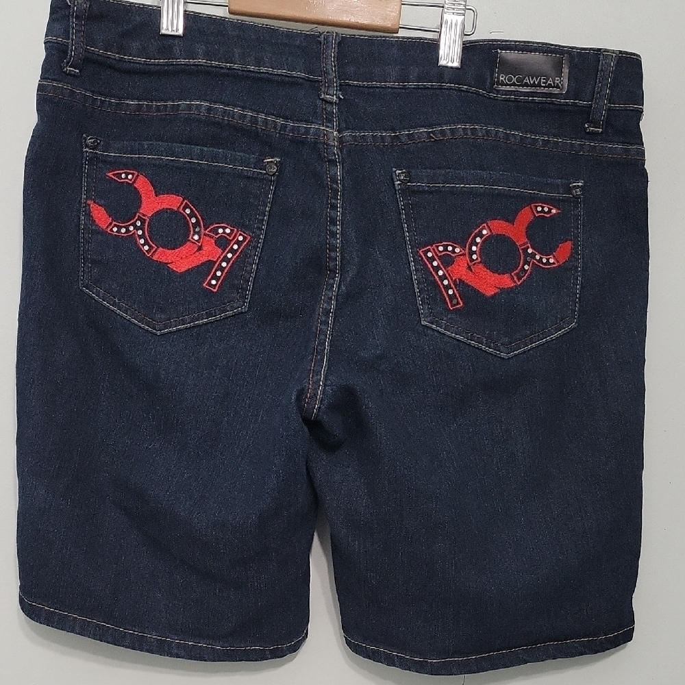 Rocawear Vintage Women's Dark Denim Shorts with Red Detailing Size 15